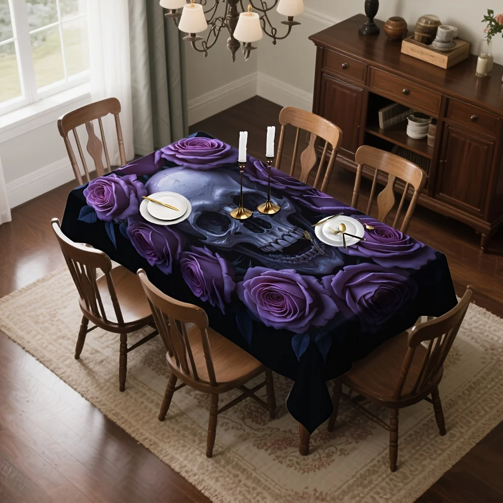 One Gothic-style skull-shaped purple rose rectangular tablecloth, making the coffee corner shine brightlyzyc