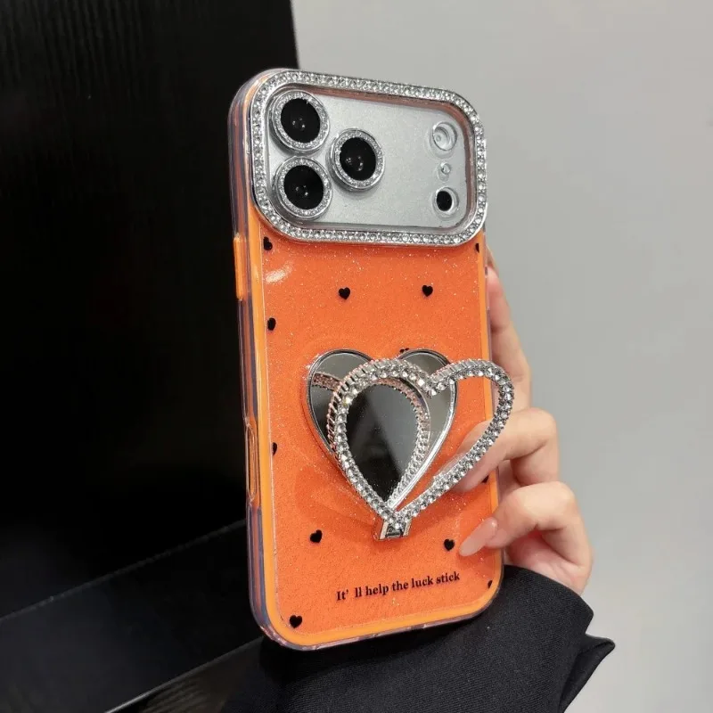 Étui Miroir Cœur Diamant Pailleté avec Support pour iPhone 16 17 18 Pro Max 15 14 Plus 12 13, Support Maquillage et Protection d'Objectif