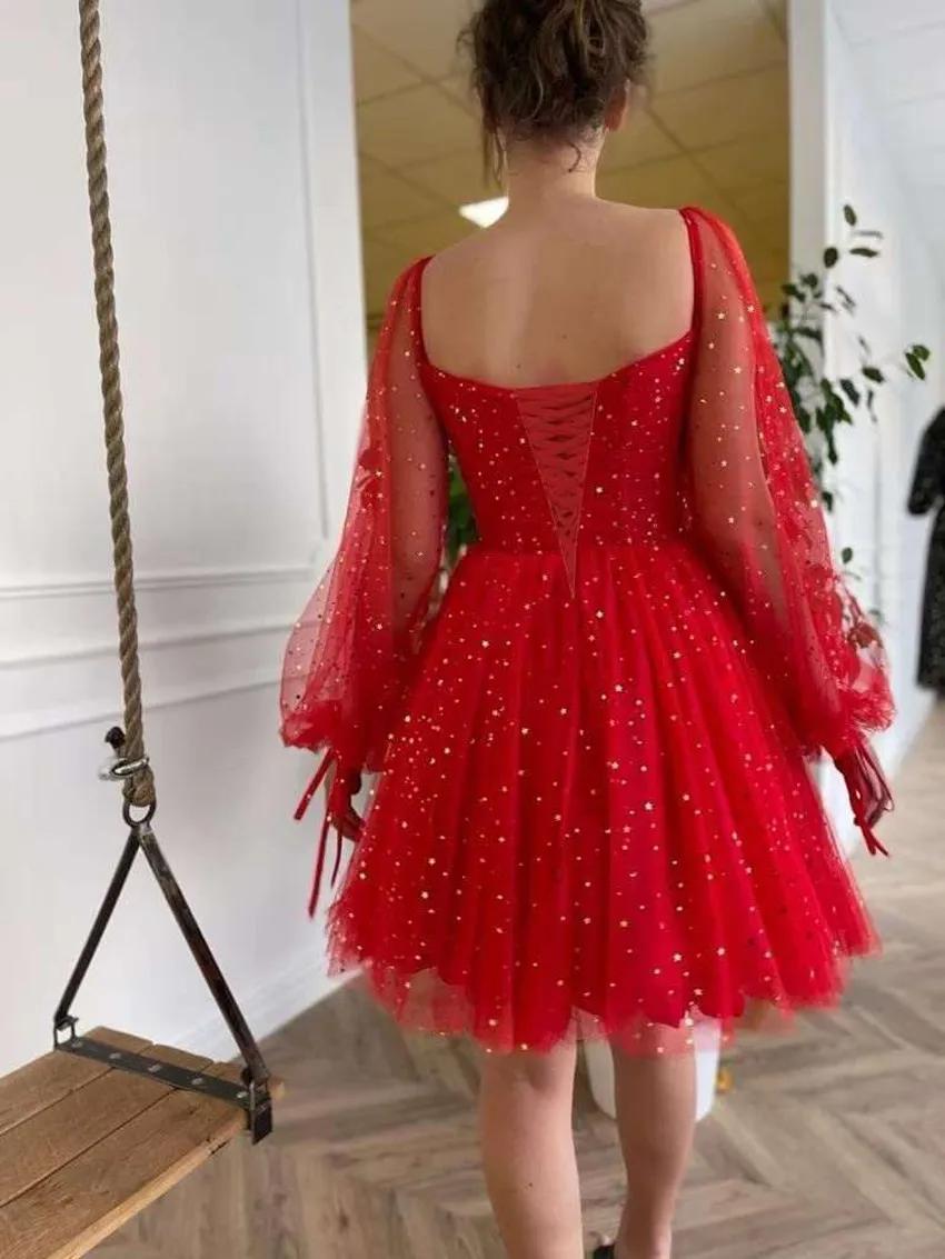 Robe de bal courte en Tulle scintillant, personnalisée, Mini robe de Cocktail moelleuse à manches longues, pour événements spéciaux