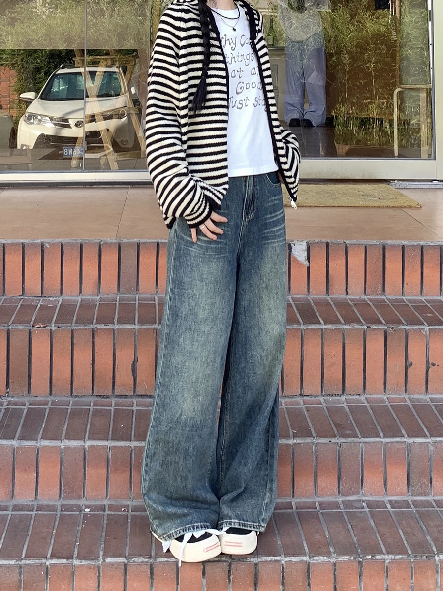 

Синие широкие джинсы, женские свободные брюки с высокой талией, повседневные брюки в стиле ретро, осень-зима, модные женские джинсовые брюки