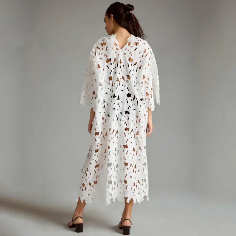 Summer Leisure Loose Beach Holiday Smock Lace Dress for Women Fashion Solid Color V Neck Splicing Embroidery Cutouts Dresses