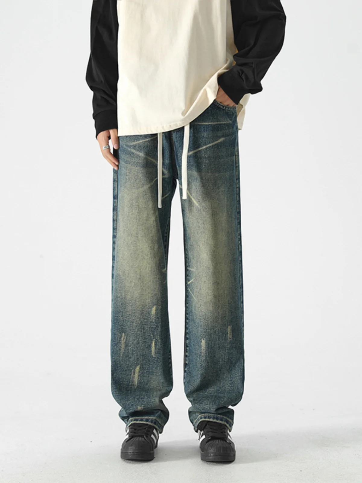 

Retro American High Street Men's Jeans Spring New Loose Straight Leg adient Cool Casual Long Pants Cotton Polyester Blend