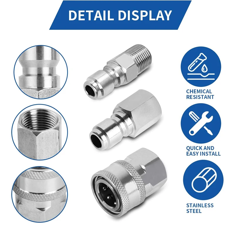 Pressure Washer Adapter Set 3/8 male and female Quick Connect Fittings Quick Plug Male Nipple Stainless Steel 5000 PSI