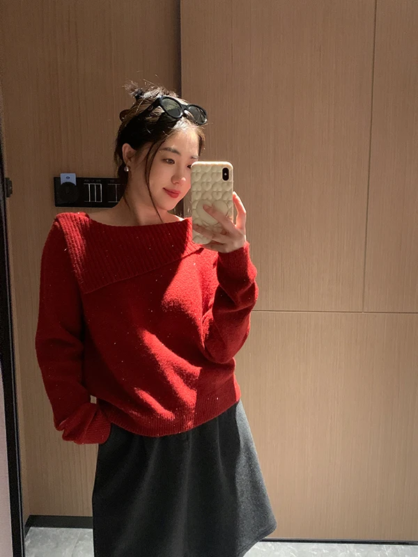 

Женский вязаный свитер на одно плечо, серебристый, свободного кроя, универсальный, повседневный, осенне-зимняя новинка