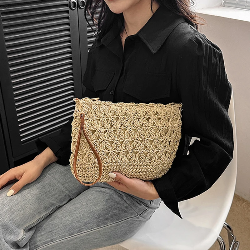Stroh-Umhängetaschen für Damen, Sommer, gewebte Umhängetasche, Geldbörse, Bast, Strand-Armband, Häkelhandtasche, Geldbörse für Damen – Detail 9