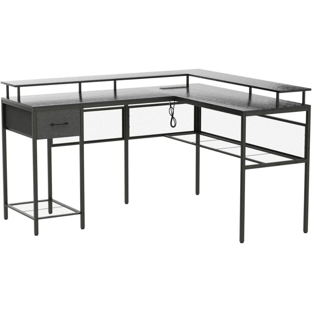 Shaped Desk Gaming Desk with LED Lights & Power Outlets, Computer Desk with Storage Shelves, Corner Home Office