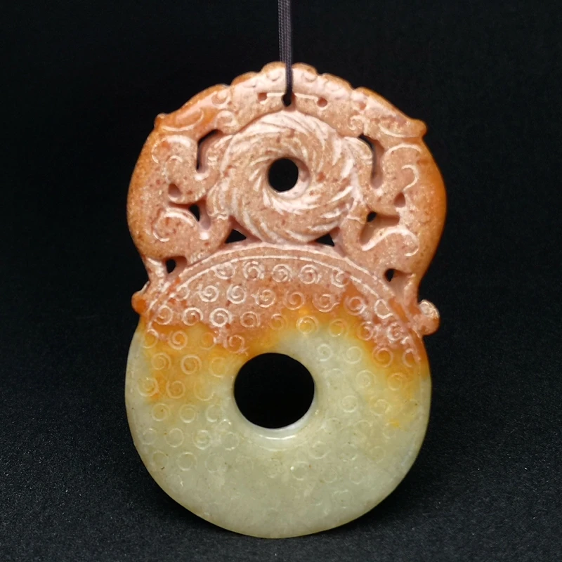 YIZHU CULTUER ART Size 7.8 × 5 cm Old Chinese Jade Hand Carved two Pi Xiu Beast Statue Disc Pendant Gift