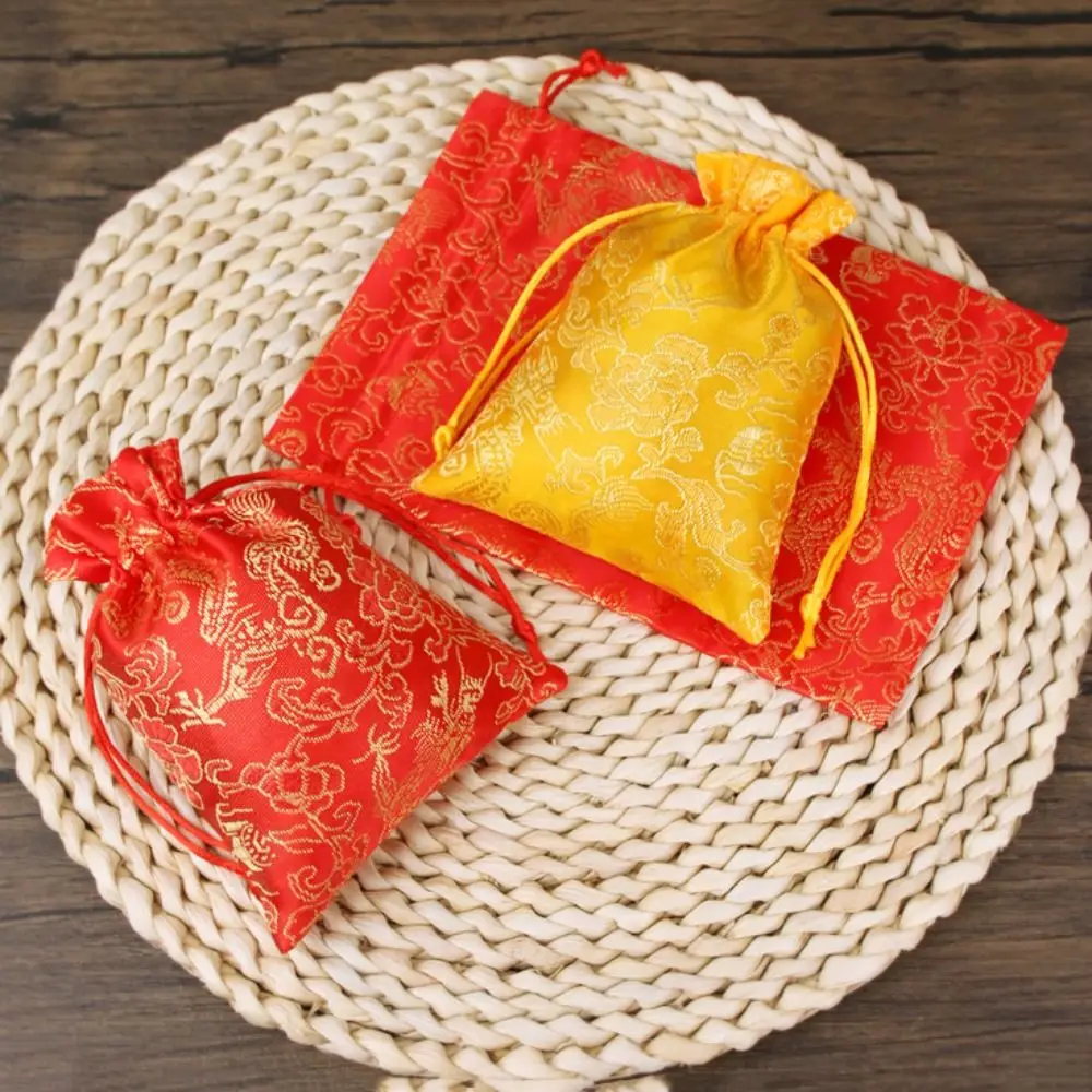 

Dragon Embroidery Flower Drawstring Bag Chinese Style Large Capacity Canvas Flower Handbag Ethnic Style Candy Bag