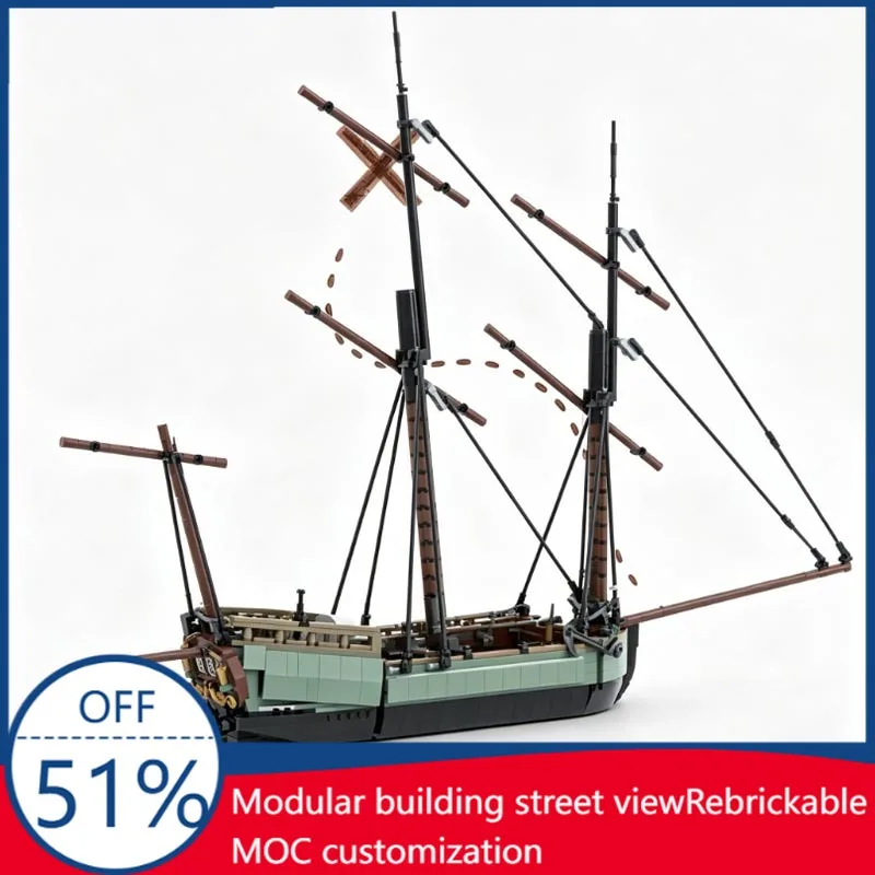 1592PCS MOC The Good Fortune Traders Lugger - Modelo de Barco Pirata con Interior Completo y Brújula Magnética, Juego de Bloques de Construcción, Juguete