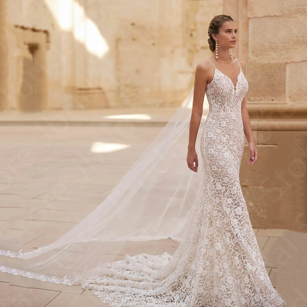 

Customized Gorgeous Wedding Dresses Lace White Bridal Gowns Mermaid Bride Dresses with Train Wedding Gowns Open Back Sleeveless