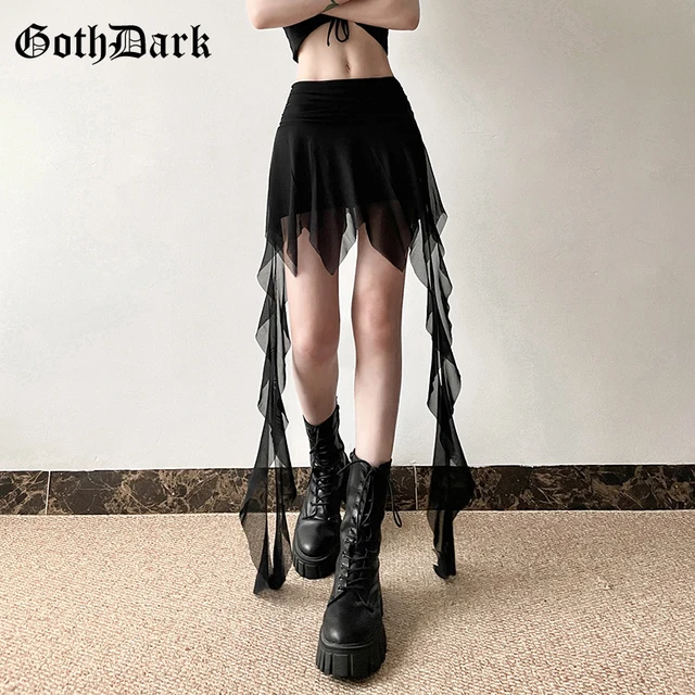 Goth Dark 2000S Estetyczny nieregularny brzeg Krótka spódnica Gothic Fashion Wysoka talia Slim A-Line Spódnice E-girl Streetwear Mesh Bottoms