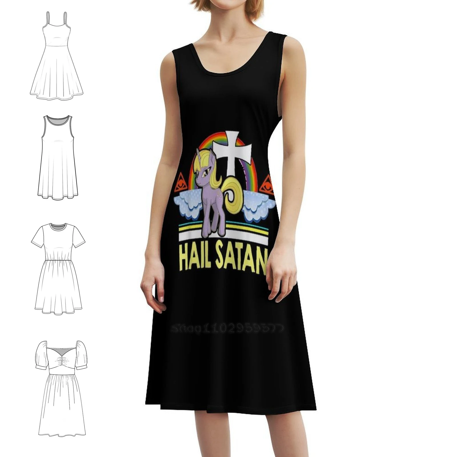 يونيكورن حائل الشيطان الموت المعادن قوس قزح نمط Preppy فستان قصير للنساء ألف خط فضفاض صالح فستان يوم غير رسمي يونيكورن حائل الشيطان