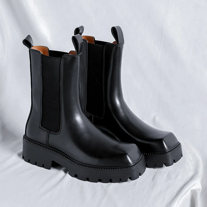 

Мужские высокие дымоходные ботинки, модные туфли на платформе с квадратным носком, оригинальные кожаные мотоциклетные ботинки для сцены, ночного клуба, длинные мужские ботинки «Челси»