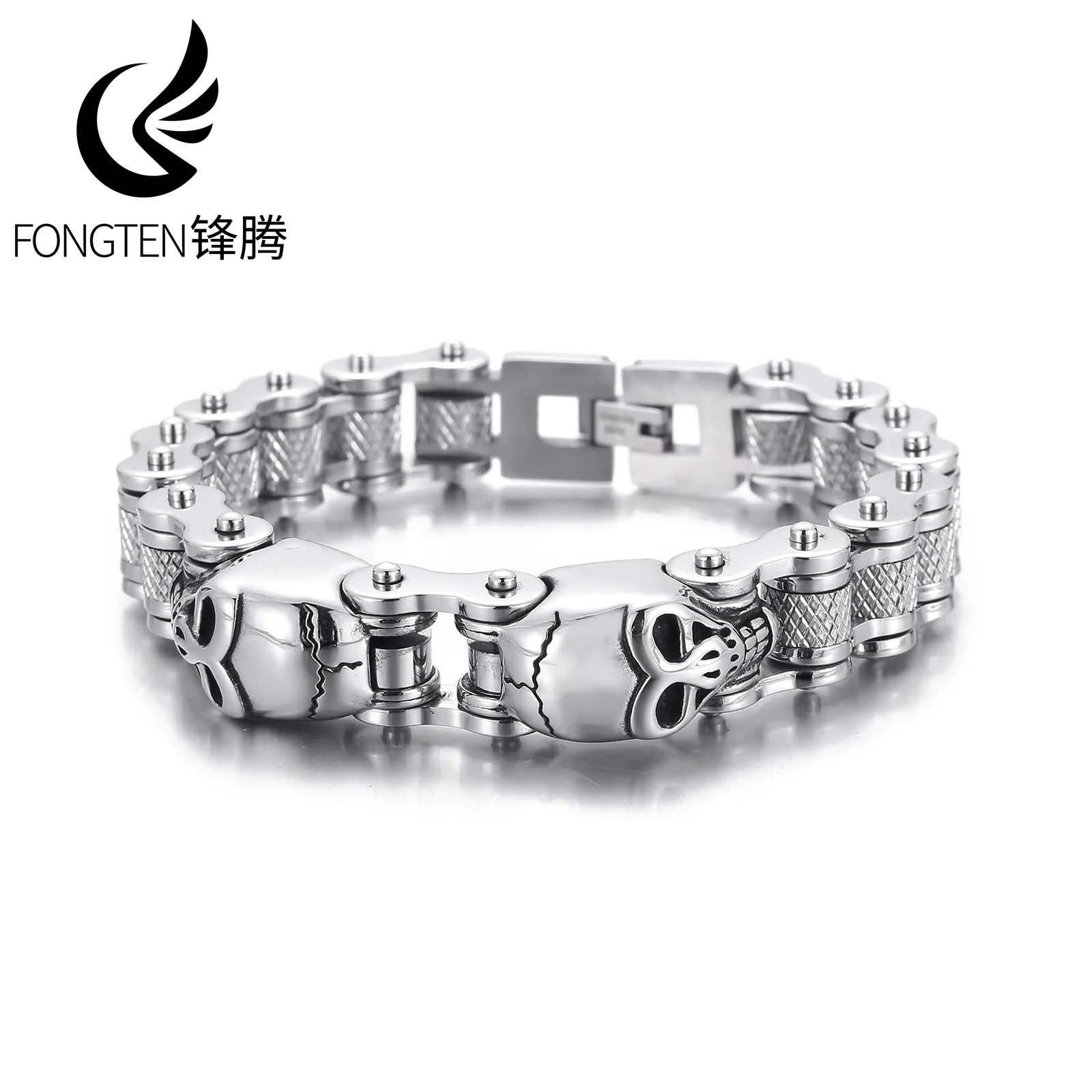 Fongten Gothic Skull Head Charm Bicycle Motorcycle Chain Fashion Men Bracelet 8.66 Inch Stainless Steel Punk Jewelry