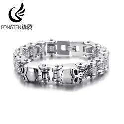 Fongten Gothic Skull Head Charm Bicycle Motorcycle Chain Fashion Men Bracelet 8.66 Inch Stainless Steel Punk Jewelry