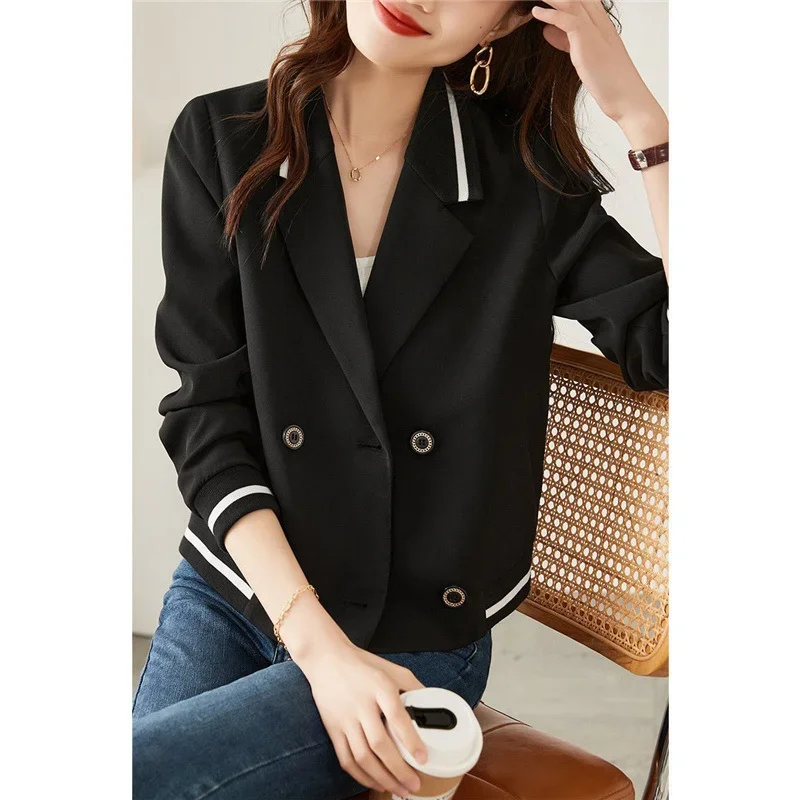 Fashion musim semi musim gugur wanita, mantel Luaran jalanan longgar Korea perempuan blazer berlekuk dua baris sederhana Chic warna kontras