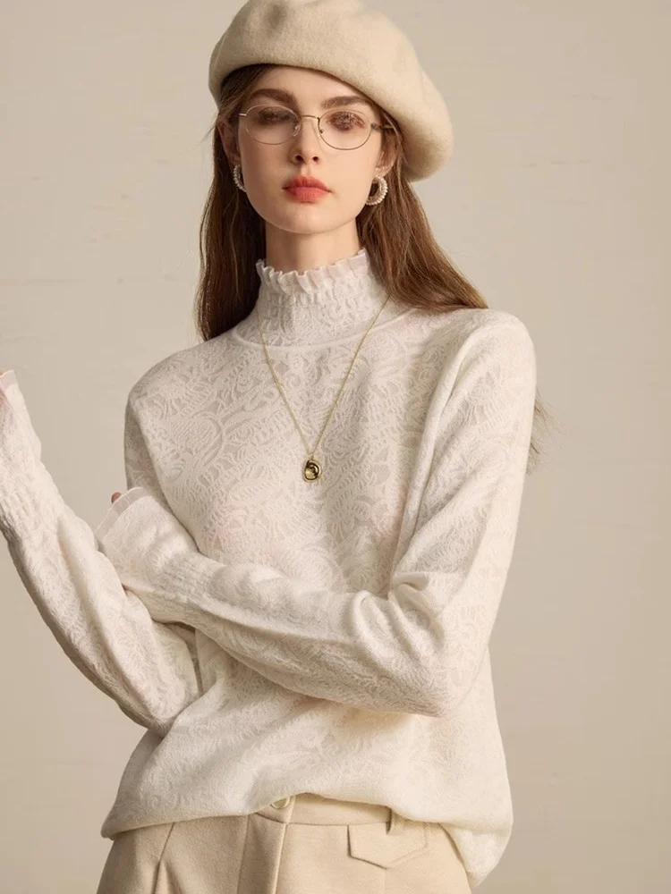 เสื้อสเวตเตอร์ไหมพรมถักลายลูกไม้ทรงยาวสำหรับฤดูใบไม้ร่วง ทรงเข้ารูป ใส่เป็นเสื้อตัวในได้ แฟชั่นทันสมัย ช่วยลดเลือนริ้วรอย ลายบทกวีศิลปะ ผ้าลินิน