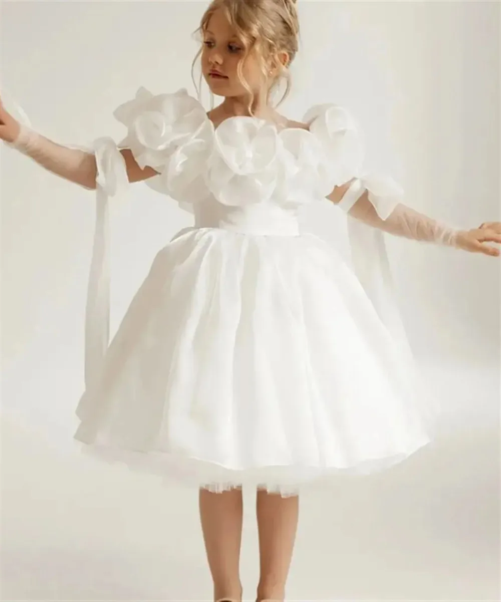 فستان فتاة الزهور الجنية لحفلات الزفاف بدون أكتاف مكشكش مع فيونكة منتفخة فستان التواصل الأول للفتيات لحفلات أعياد الميلاد