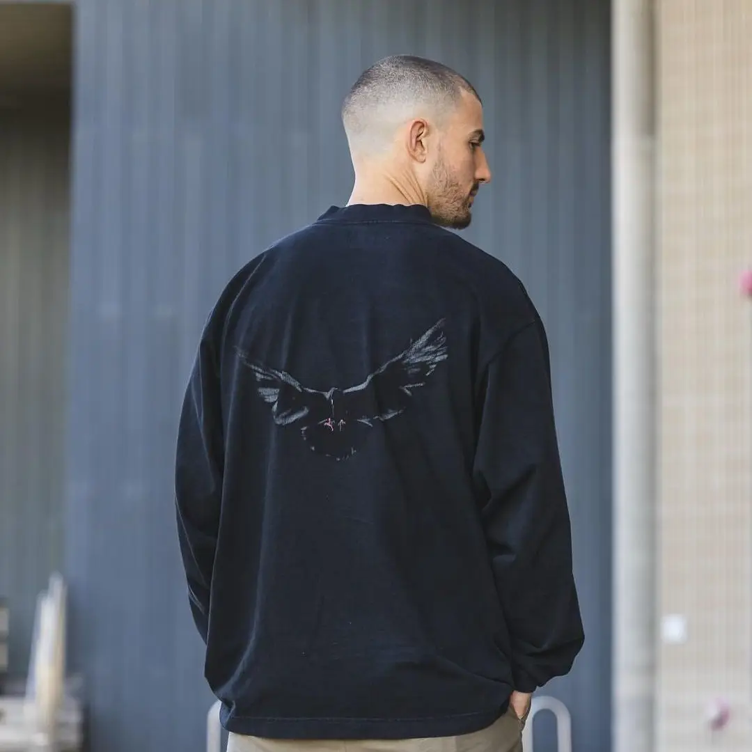 

Kanye West Collaborative Loose Long Sve T-irt Peace Print Vintage Sle Cotton Casual Top for Youth And Adults