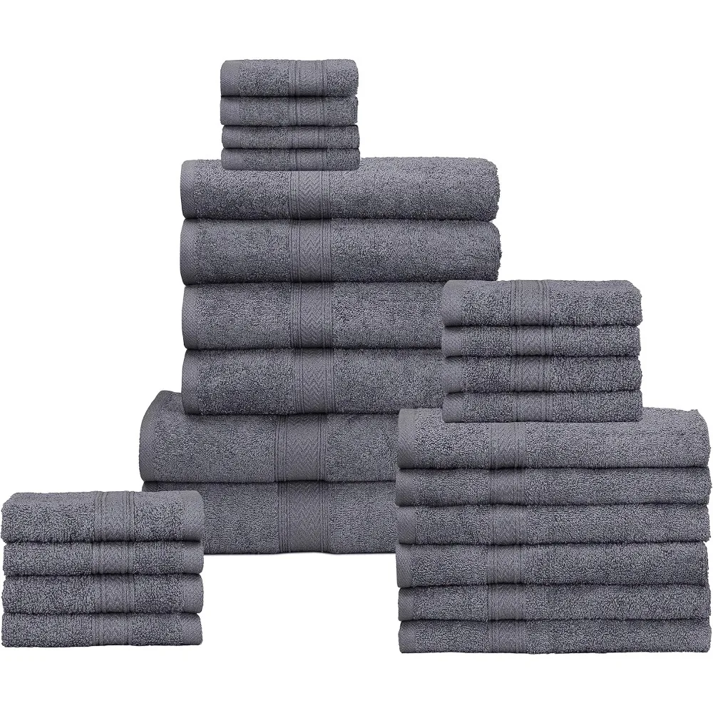 

24 Piece Bath Towel Set - 100% Cotton - 2 XXL, 4 Bath, 6 Hand, 4 Fingertip, 8 Washcloths: Platinum