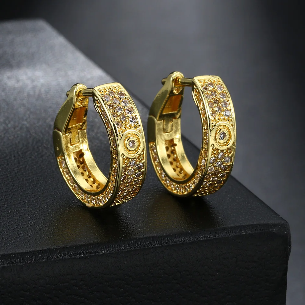 Pendientes de aro redondos clásicos de circón para hombres y mujeres, joyería Hippie de moda, Color dorado, conciso, Hiphop, Iced Out, OHE184