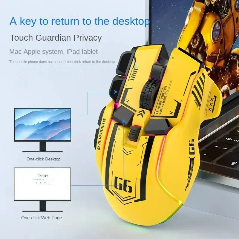 ماوس ألعاب لاسلكي Wolf G6 مجاني ثلاثي الوضع BT/2.4G/USB-C 16000 ديسيبل متوحد الخواص خفيف الوزن RGB قابل لإعادة الشحن للكمبيوتر/Mac