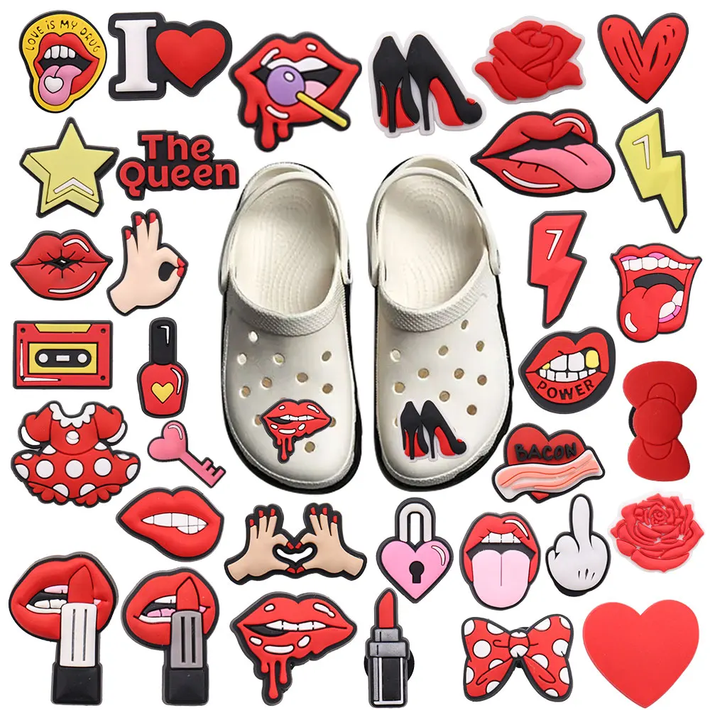 1Pcs PVC Red Series Lips Heart Bowknot Queen Charms Buckle Clog Woman Mouth Shoe Decorations Fit Party Present