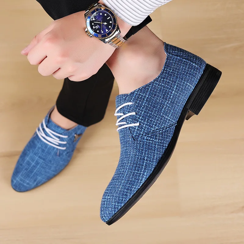 Blue Men Oxford Shoes For Men Fashion Brand Male Shoes Breathable Pointed Toe Linen Canvas Shoe Moccasins Luxury Men Casual Shoe