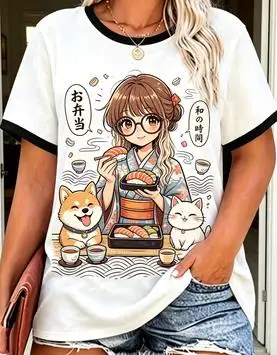 Women Japanese Anime Girl Sushi Shiba Inu Ringer Graphic T‑Shirt Cat Food Casual Short Sleeve Tee Top
