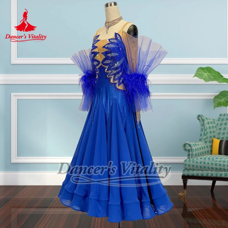 Vestido azul con hombros descubiertos y plumas para baile Social, collar personalizado incluido, vals, ropa elegante para actuaciones y conejistas, vitalidad del bailarina