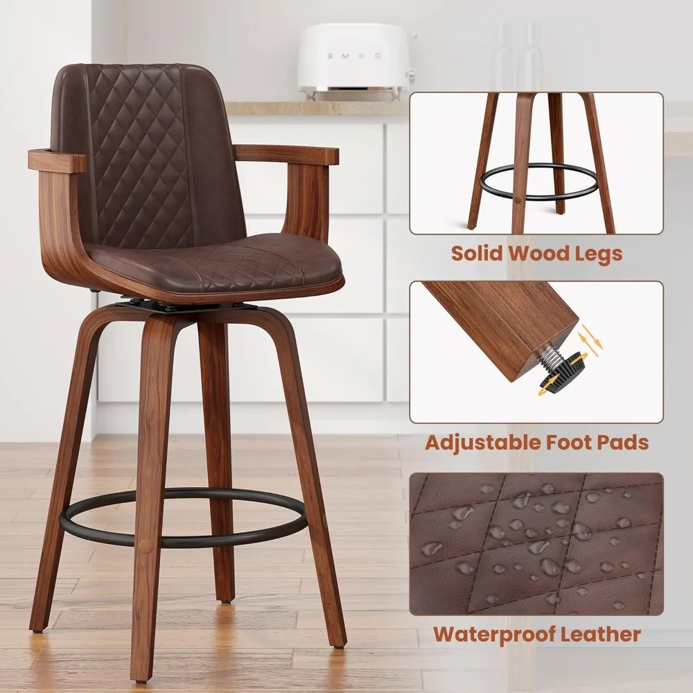 For Swivel Bar Stools Set of 3, 26" Counter Height Barstools with Wood Legs and Backs, Upholstered PU Leather Bentwood Frame Bar