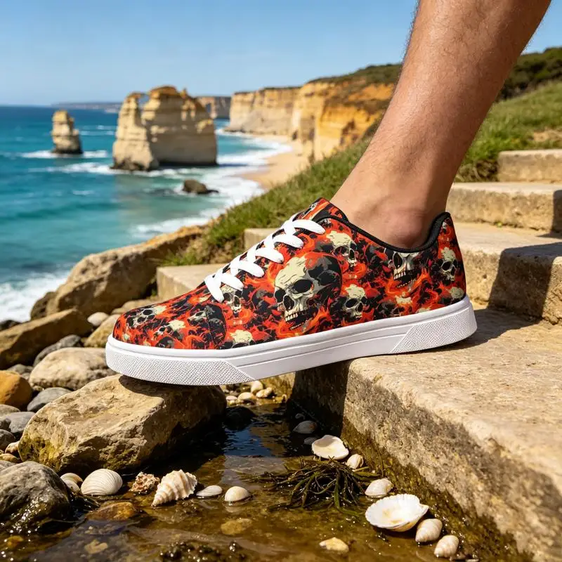 Ladies Men Cute skull pattern running sneakersUnisex low-top casual lace-up outdoor shoesCouple's Breathable Skateboard Shoes