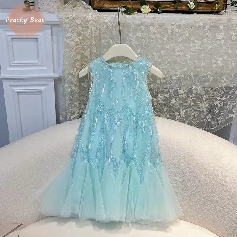 Baby Girl Princess Lace Dress Infant Toddler Child Sleeveless Sequined Bow Pearl Vestido Party Birthday Baby Clothes 2-14Y