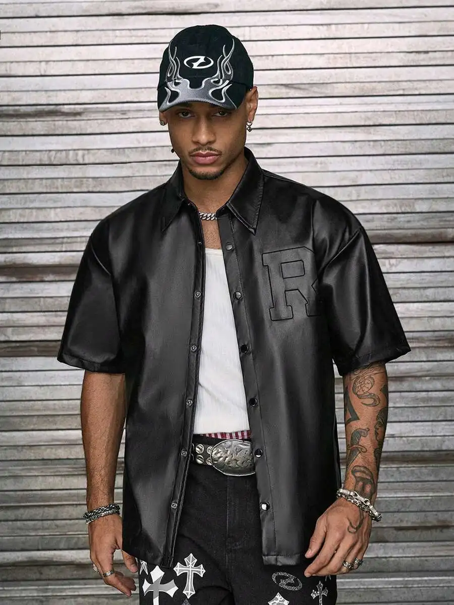 

Men's Black PU Leather Short Sleeve Button-Up Shirt with Embossed Letter Design
