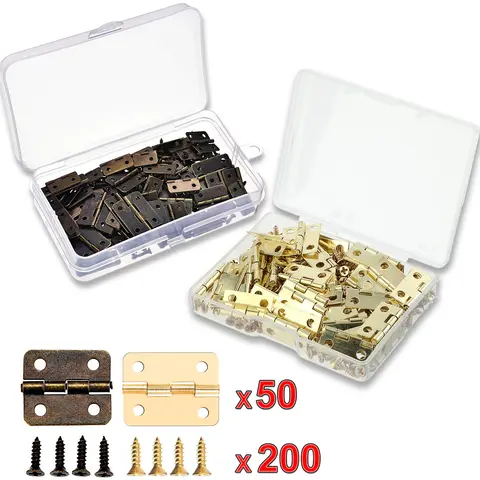 50 개/상자 경첩 + 200 나사 철 황금/골동품 청동 4 구멍 내구성 가구 하드웨어 16*13mm 미니 둥근 경첩 장식