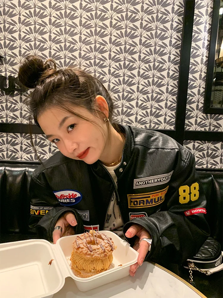 Bla PU Leather Biker Jaet Women's Design Sensation Small Cotton Winter Coat ort Size Ladies Faion Outerwear