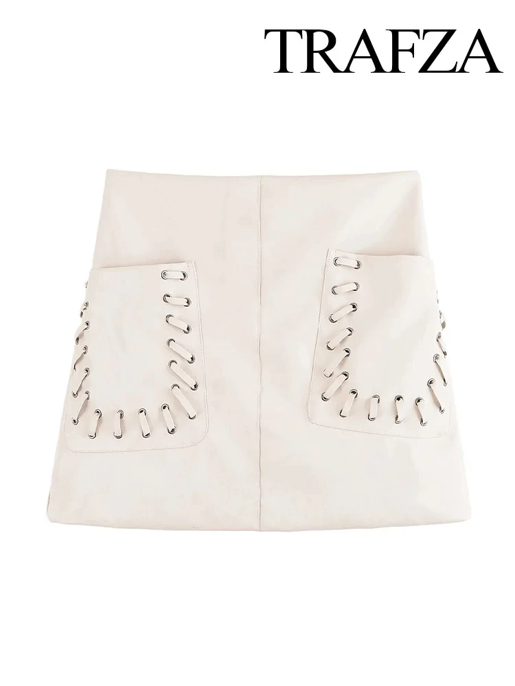 TRAFZA Minigonna estiva da donna a vita alta Tasca alla moda Decora gonna corta casual solida Donna elegante gonna sottile con cerniera laterale