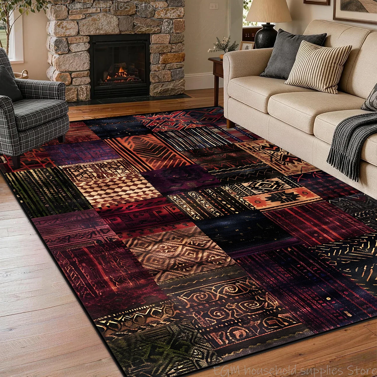 Retro Bohemian Patchwork Carpet Colorful Geometric Home Decor Large Living Room Bedroom Rug Non‑slip Washable Lounge Floor Mats