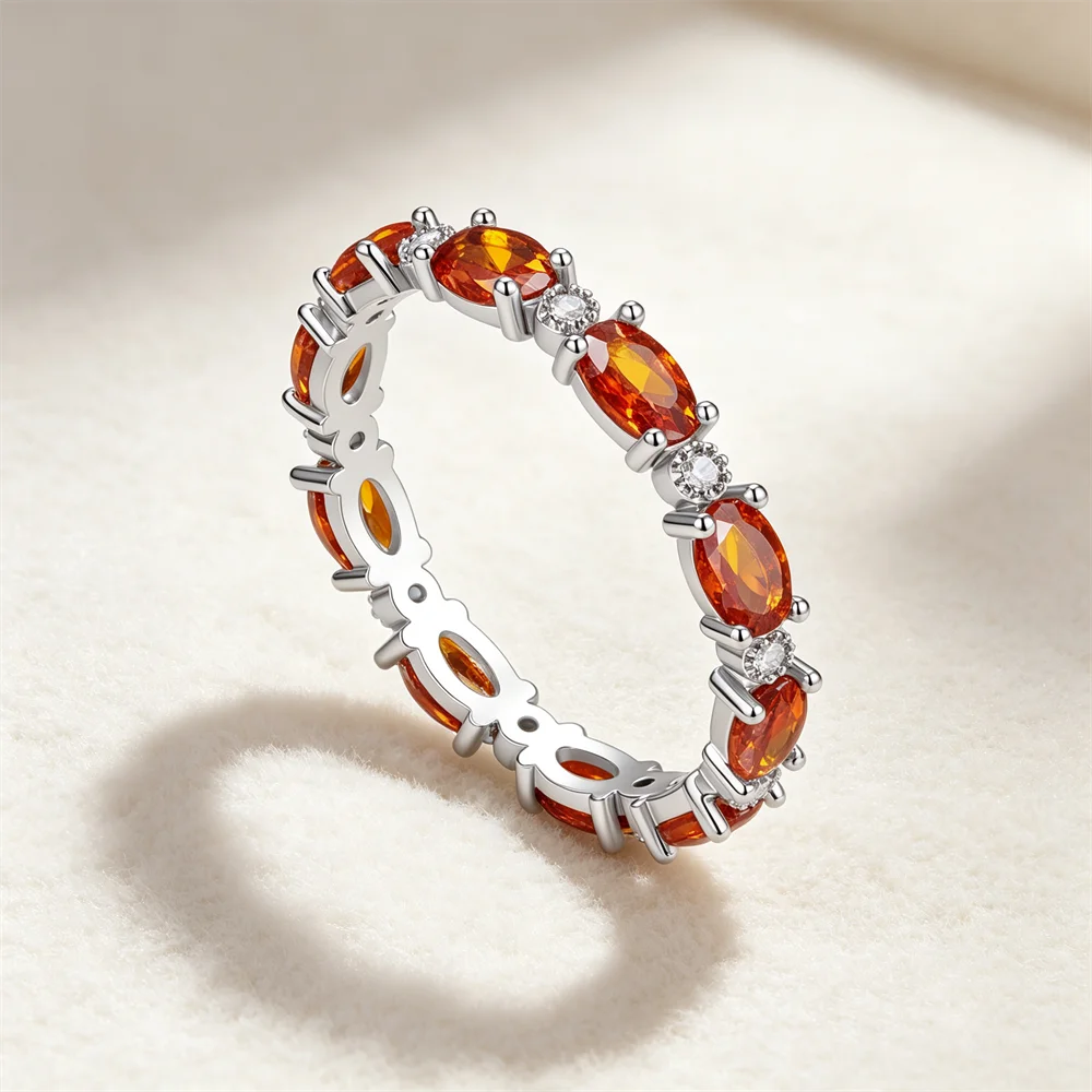 Single Row Orange Red Zircon Small Oval Stone Rings Silver Color Engagement Bands for Women Wedding Jewelry Valentine's Day Gift