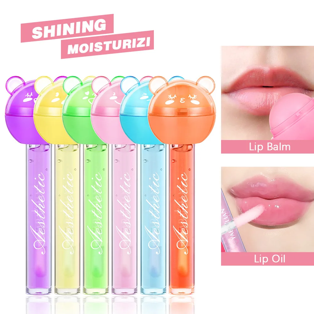 24Pcs 2 IN 1 Lip Balm Lip Oil Set Lollipop Fruit Flavored Transparent Natural Moisturizing Lip Gloss Girls Lips Care Bulk