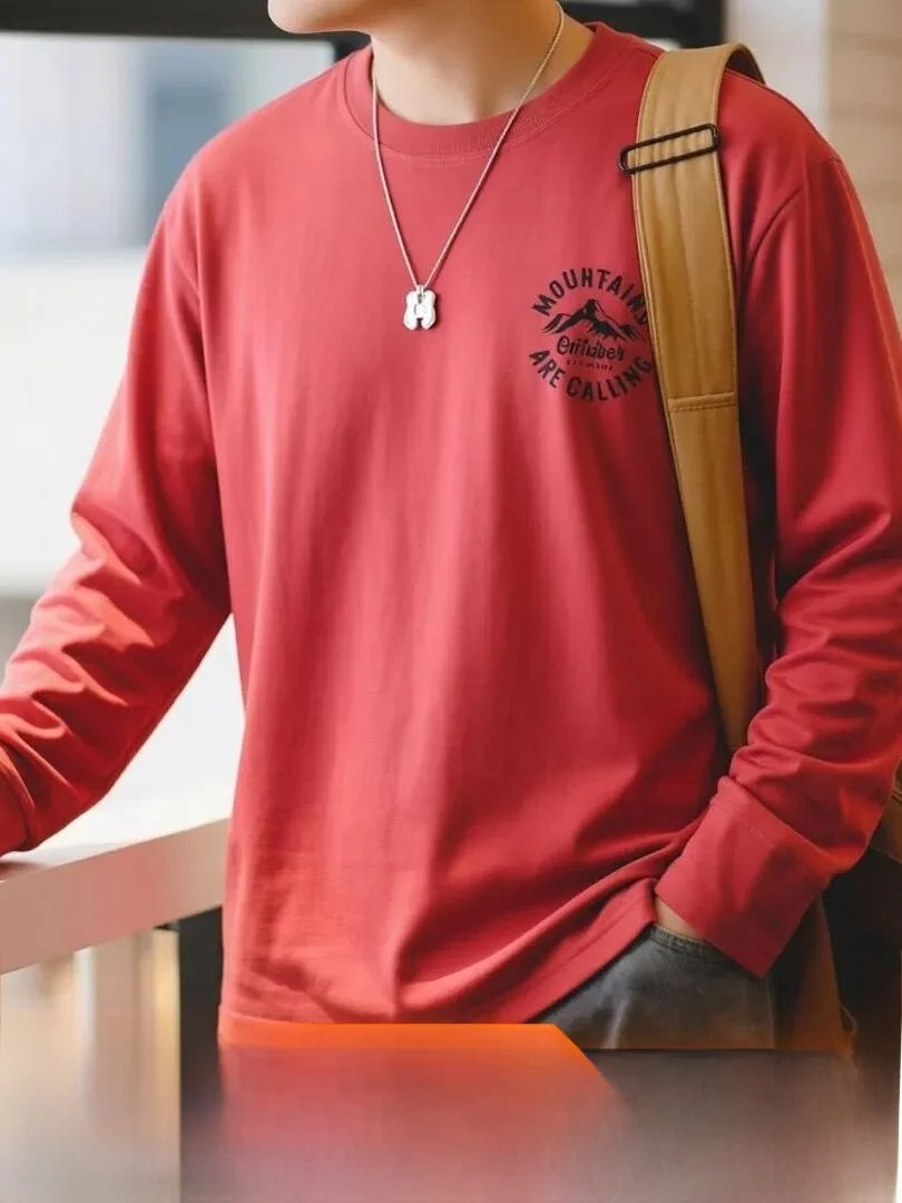 American Style Ameika Wind Pure Cotton Technology Flocking Heavyweight round Neck Base Shirt Autumn Winter New Long Sleeve T-...
