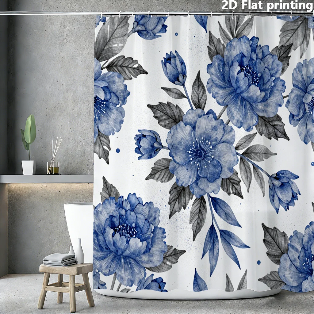 

Акварельная шторка для душа с синими пионами, 1 шт., полиэстер, 2D плоская печать, 70.8x70.8 дюймов, серые листья на фоне цвета слоновой кости, декор для ванной комнаты