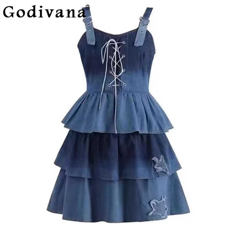 

Y2k Cool Girl A-line High Waist CollegeLace-up Denim Suspender Dress Summer Retro Gradual Change Blue Age-reducing Cake Dresses