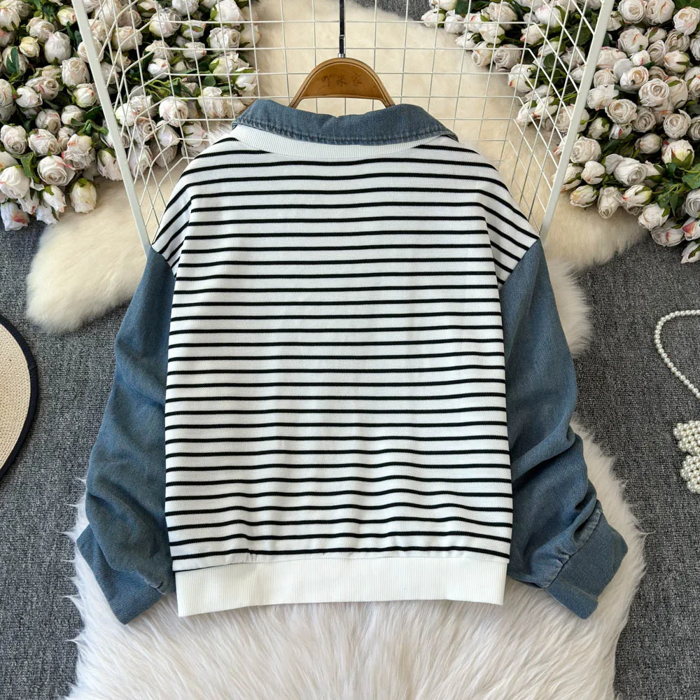 Women Denim Stitching Hoodie Feel Fake Two Loose Striped Shirts Tops
