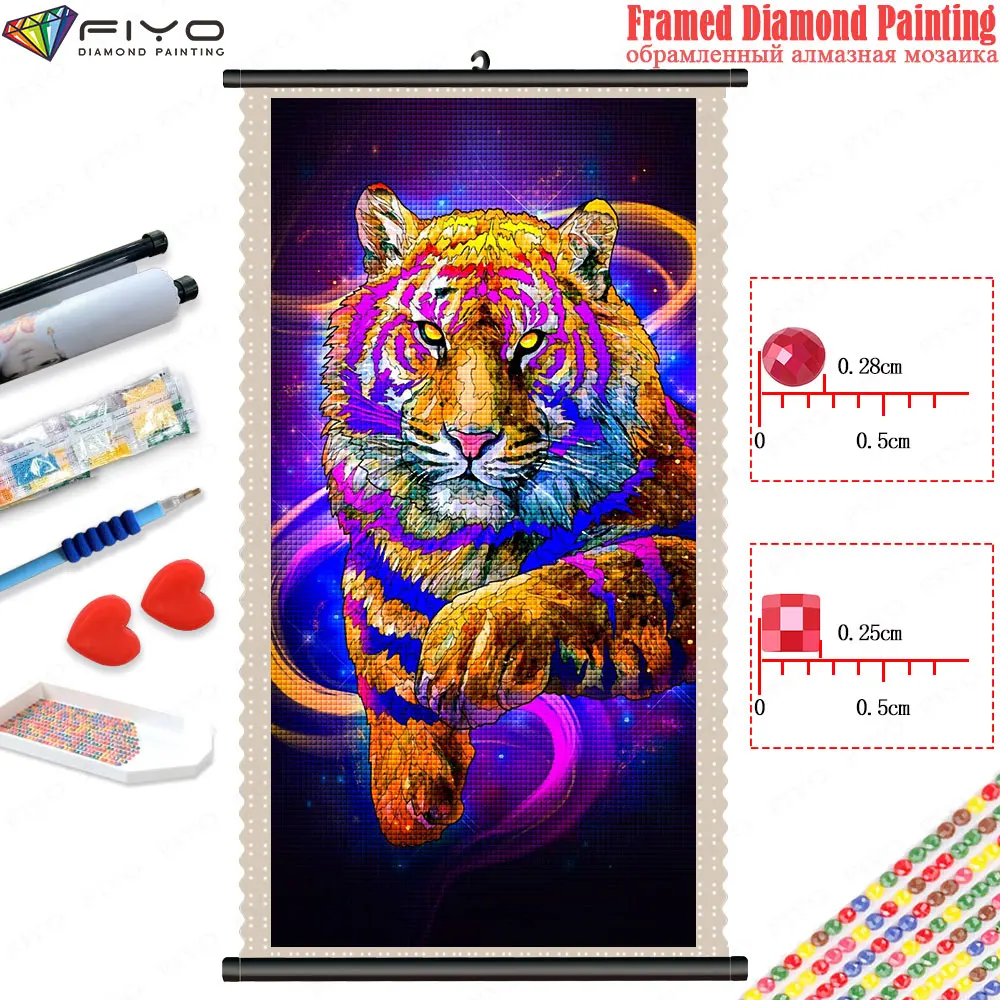 5D DIY Framed Diamond Painting Animal Tiger Diamond Embroidery Mosaic with Scroll Frame Cross Stitch Picture Home Decor quadros