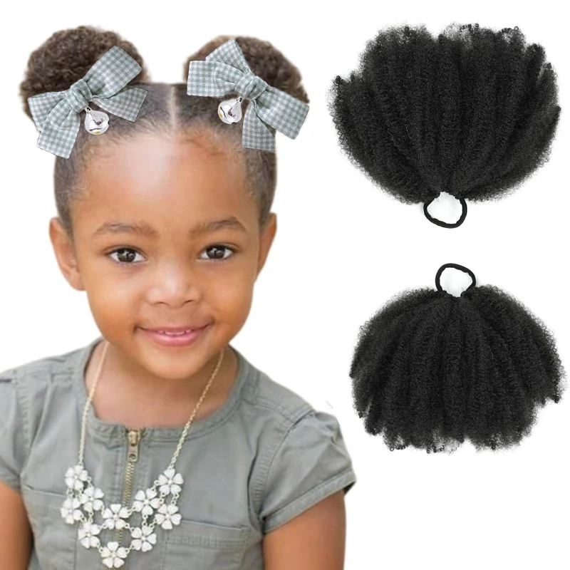 2 Packs Kid Ponytail Double Afro Puffs Kinky Curly Hair Bun Kid's bell checkered bow hair clip Natural Black Synthetic Hair