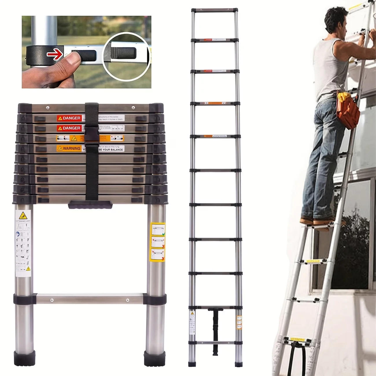 Escalera telescópica de acero inoxidable de altura ajustable, escalera extensible plegable multiusos y ligera para el hogar y el jardín