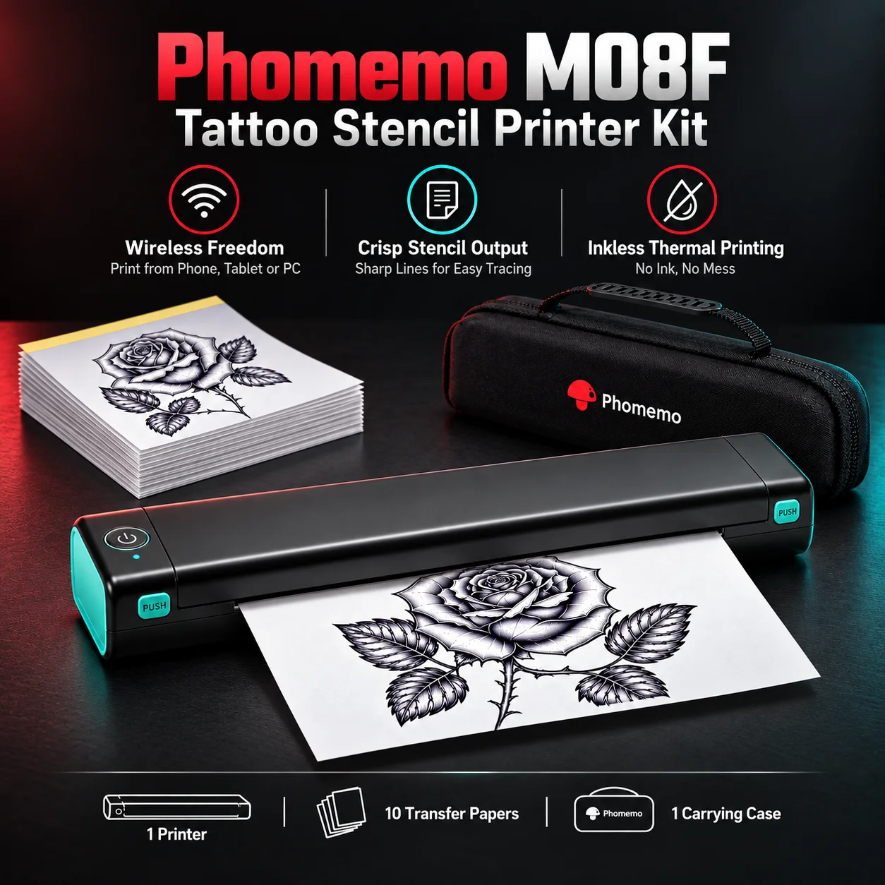 Phomemo M08F Tattoo Stencil Printer with 10pcs Tattoo Paper & Case, Bluetooth Printer Support Large Image Cutting with Smart APP