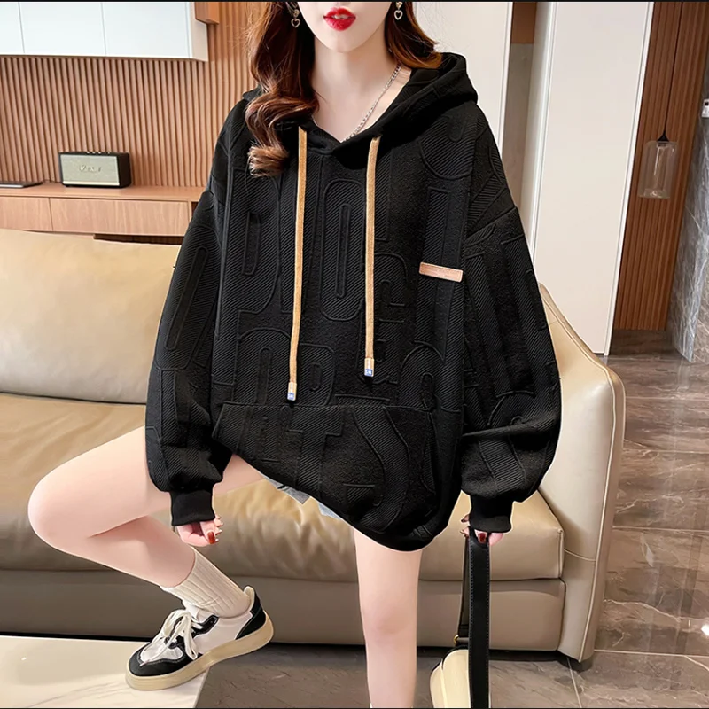 Dames Koreaanse losse casual dunne hoodies patch jacquard zak trui vrouwelijke tops lente uitloper herfst