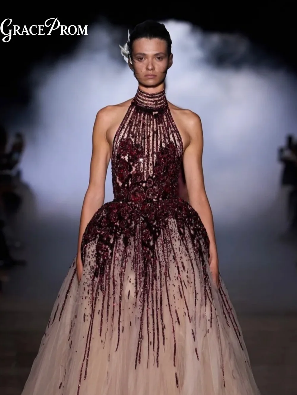 Luxurious Halter Burgundy Gradient Beaded Evening Gown Voluminous Tulle Wedding Guest Dress Formal Prom Party Dress فساتين سهرة
